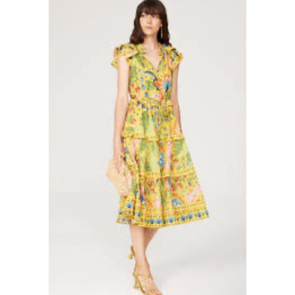 Farm Rio Floral Midi Dress with Ruffled Sleeves